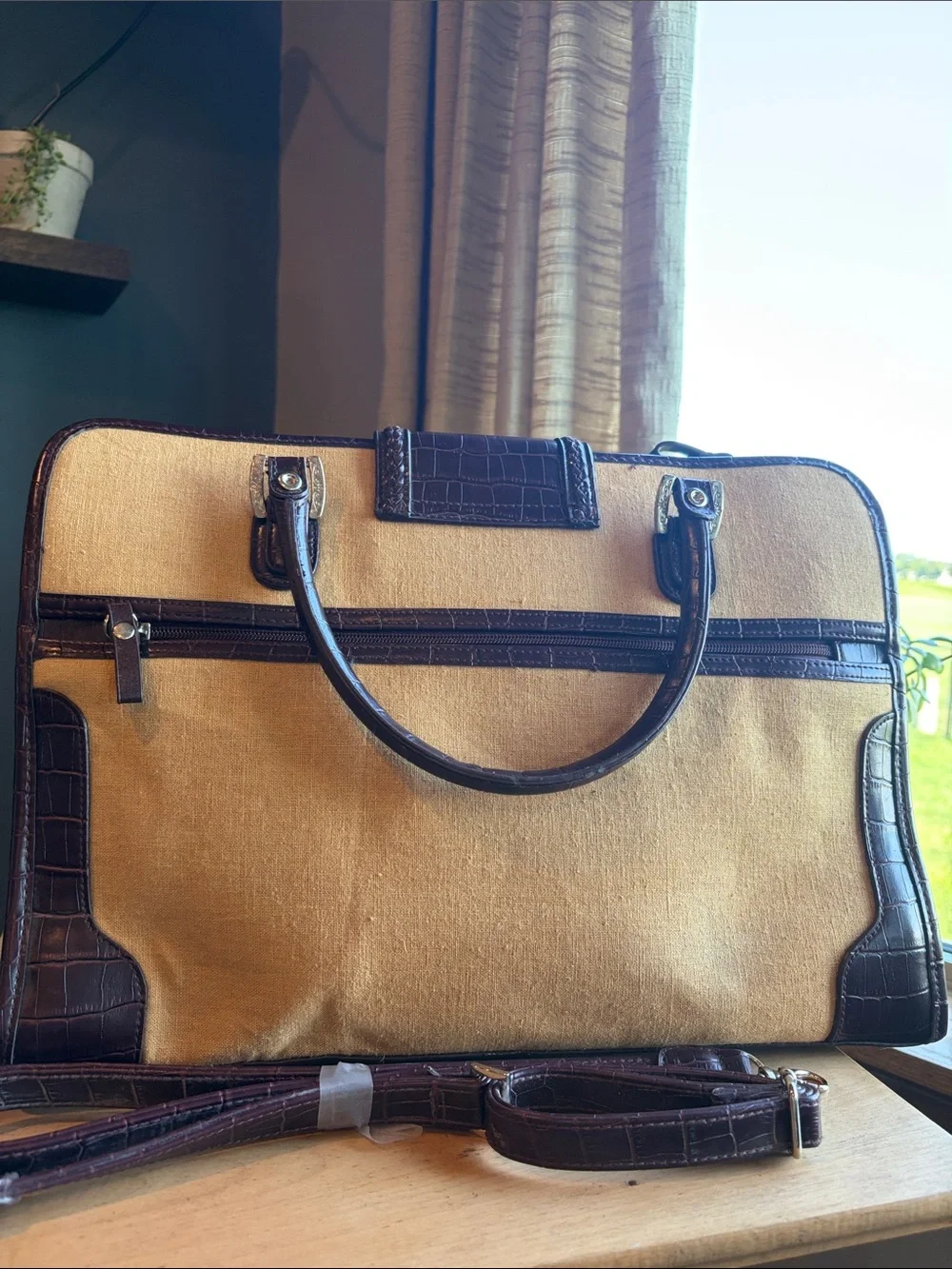 Vintage Bueno Beige Canvas Brown Leather Laptop Travel Shoulder Handbag